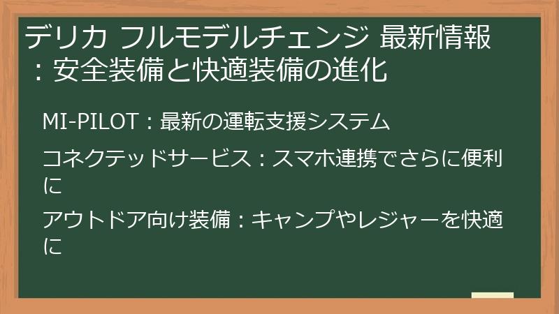 デリカ フルモデルチェンジ 最新情報：安全装備と快適装備の進化