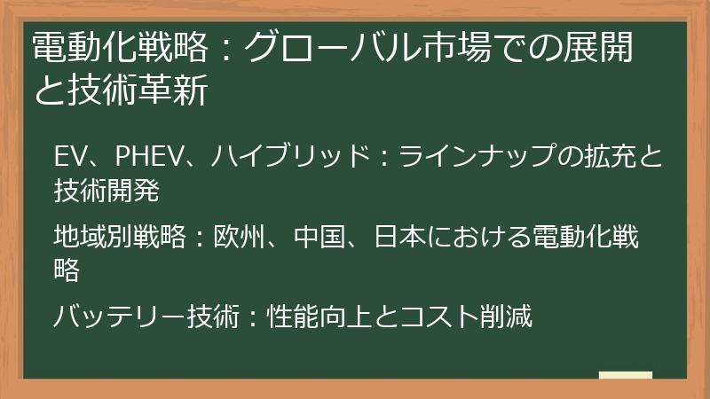 電動化戦略：グローバル市場での展開と技術革新