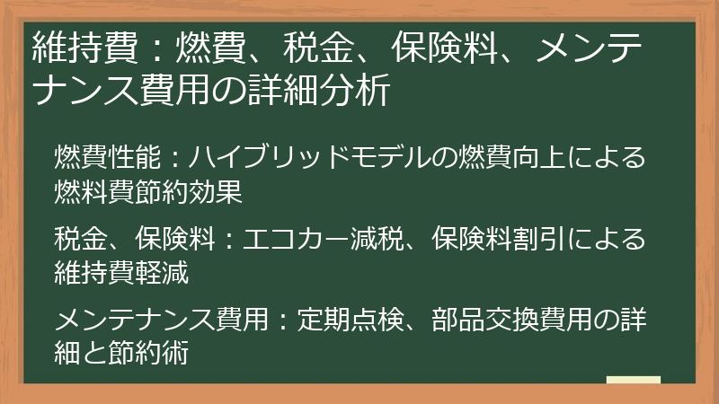 維持費:燃費、税金、保険料、メンテナンス費用の詳細分析