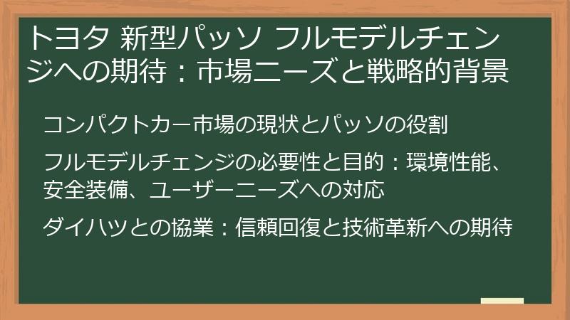 トヨタ 新型パッソ フルモデルチェンジへの期待：市場ニーズと戦略的背景