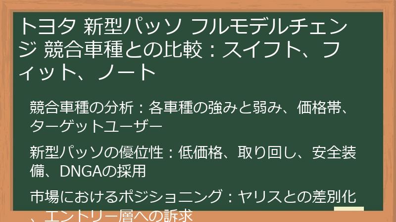 トヨタ 新型パッソ フルモデルチェンジ 競合車種との比較：スイフト、フィット、ノート