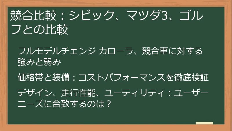 競合比較：シビック、マツダ3、ゴルフとの比較