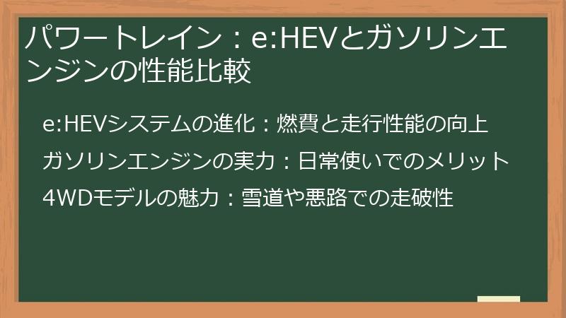 パワートレイン：e:HEVとガソリンエンジンの性能比較