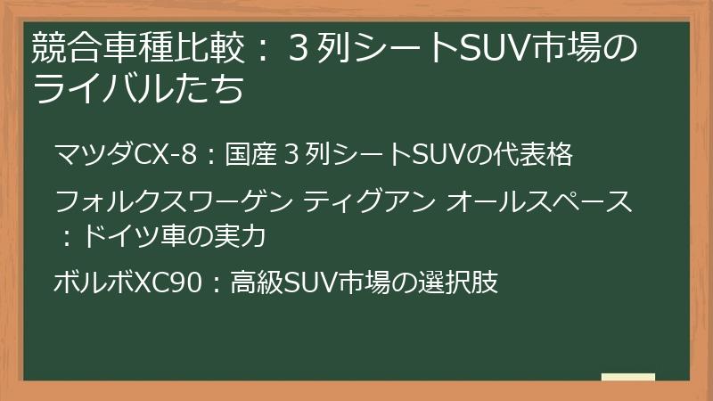 競合車種比較：３列シートSUV市場のライバルたち