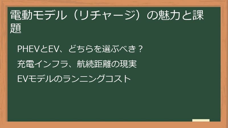 電動モデル（リチャージ）の魅力と課題