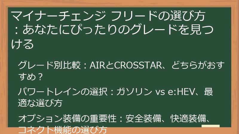 マイナーチェンジ フリードの選び方：あなたにぴったりのグレードを見つける