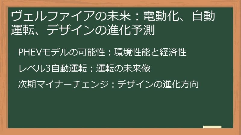 ヴェルファイアの未来：電動化、自動運転、デザインの進化予測