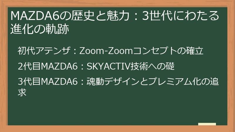 MAZDA6の歴史と魅力：3世代にわたる進化の軌跡