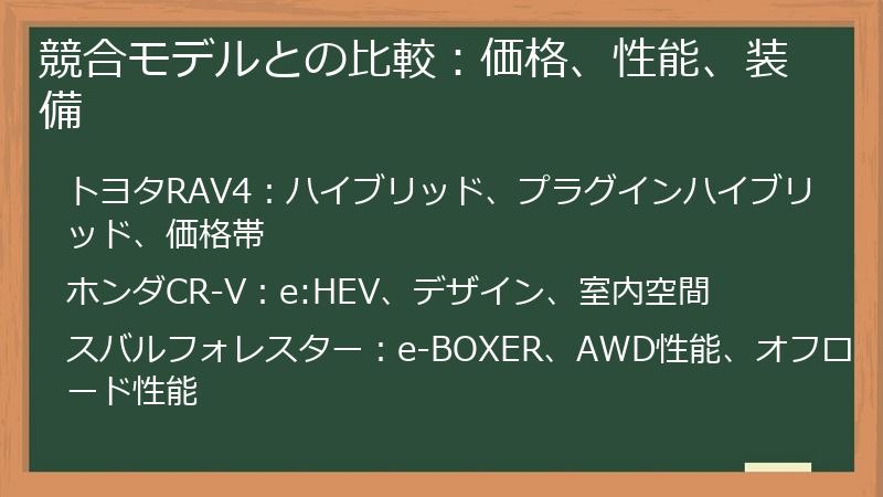 競合モデルとの比較：価格、性能、装備