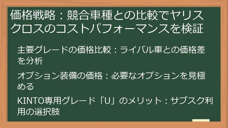 価格戦略：競合車種との比較でヤリスクロスのコストパフォーマンスを検証