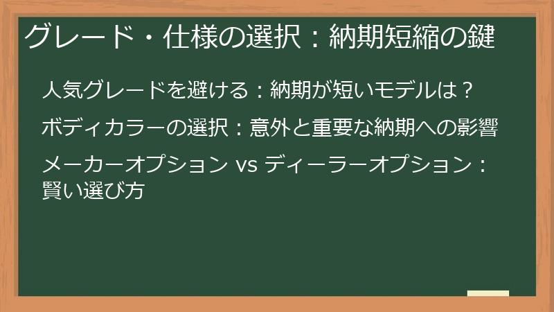 グレード・仕様の選択：納期短縮の鍵