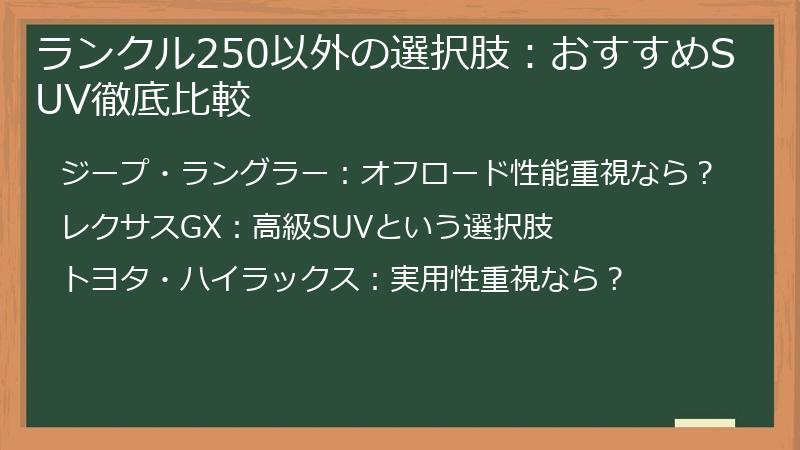 ランクル250以外の選択肢：おすすめSUV徹底比較