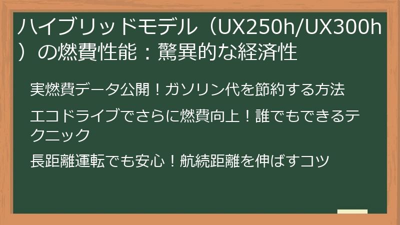 ハイブリッドモデル（UX250h/UX300h）の燃費性能：驚異的な経済性