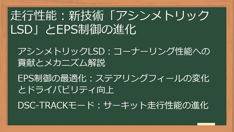 走行性能：新技術「アシンメトリックLSD」とEPS制御の進化