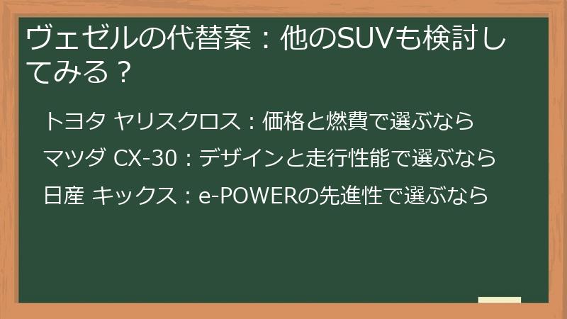 ヴェゼルの代替案：他のSUVも検討してみる？