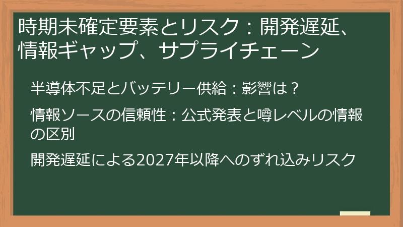 時期未確定要素とリスク：開発遅延、情報ギャップ、サプライチェーン