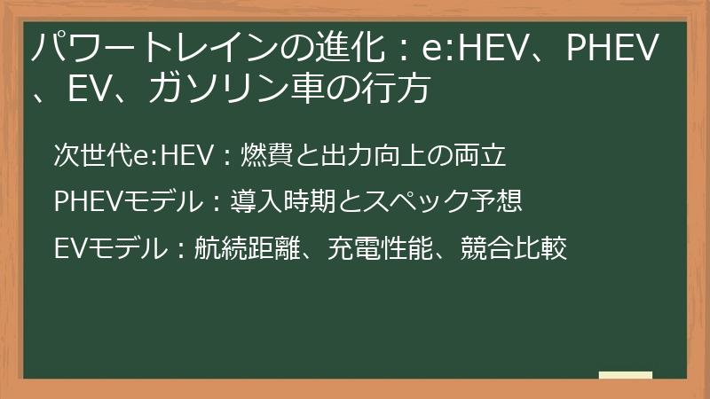パワートレインの進化：e:HEV、PHEV、EV、ガソリン車の行方