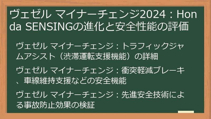 ヴェゼル マイナーチェンジ2024：Honda SENSINGの進化と安全性能の評価