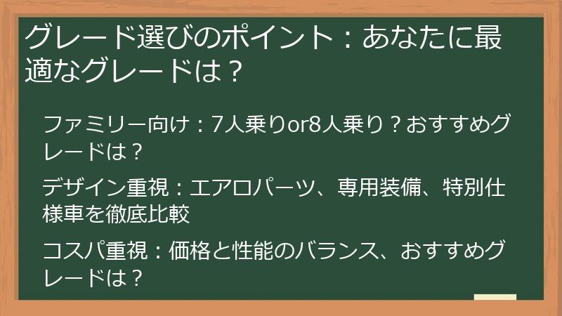 グレード選びのポイント：あなたに最適なグレードは？