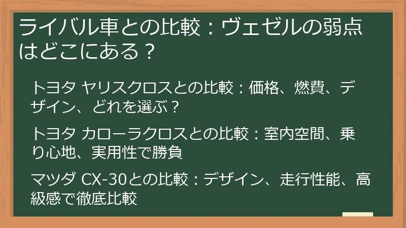 ライバル車との比較：ヴェゼルの弱点はどこにある？