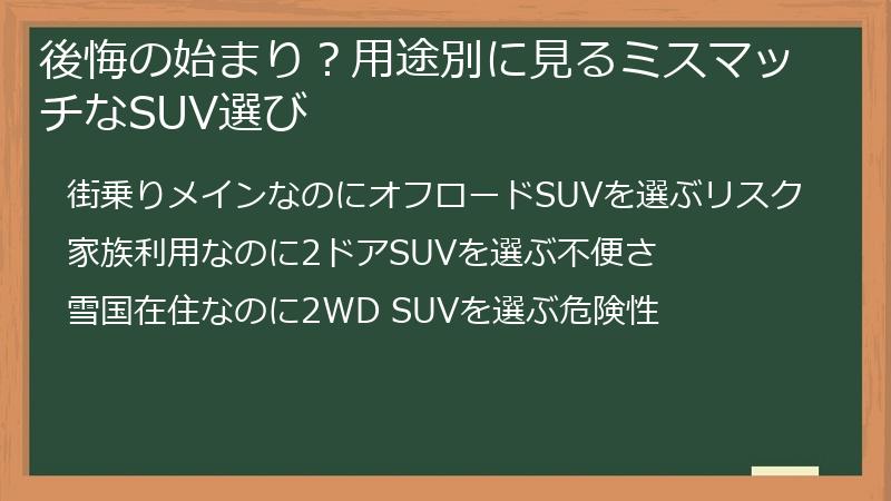 後悔の始まり？用途別に見るミスマッチなSUV選び