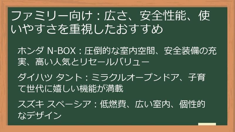ファミリー向け：広さ、安全性能、使いやすさを重視したおすすめ