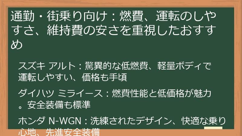 通勤・街乗り向け：燃費、運転のしやすさ、維持費の安さを重視したおすすめ