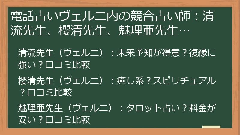 電話占いヴェルニ内の競合占い師：清流先生、櫻清先生、魅理亜先生…