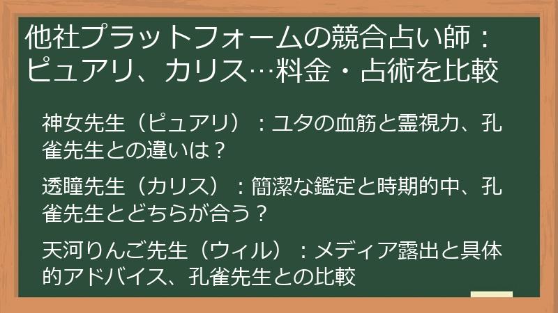 他社プラットフォームの競合占い師：ピュアリ、カリス…料金・占術を比較