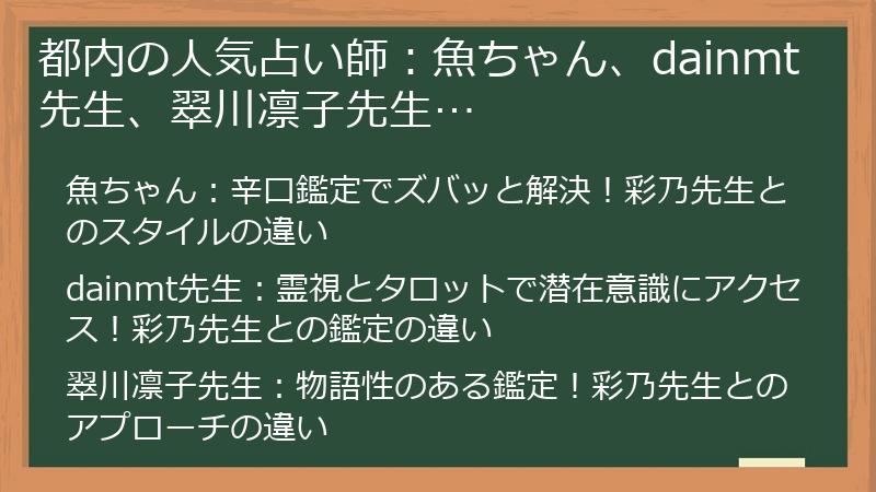 都内の人気占い師：魚ちゃん、dainmt先生、翠川凛子先生…