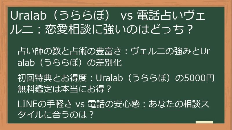 Uralab（うららぼ） vs 電話占いヴェルニ：恋愛相談に強いのはどっち？