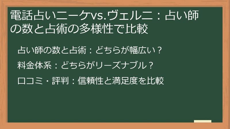 電話占いニーケvs.ヴェルニ：占い師の数と占術の多様性で比較