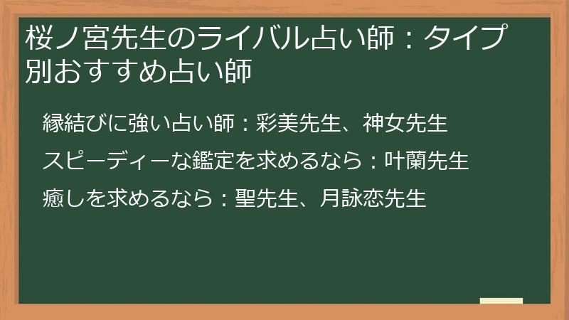桜ノ宮先生のライバル占い師：タイプ別おすすめ占い師