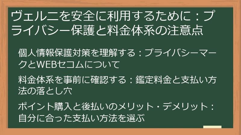 ヴェルニを安全に利用するために：プライバシー保護と料金体系の注意点