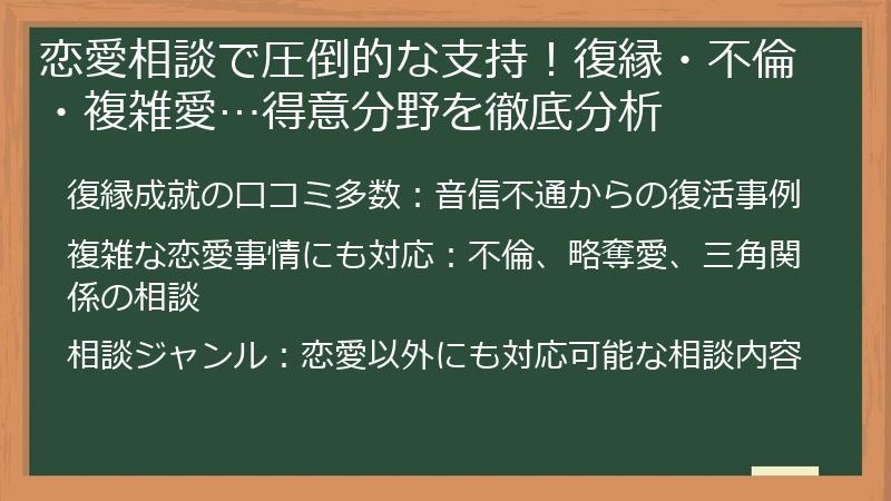 恋愛相談で圧倒的な支持！復縁・不倫・複雑愛…得意分野を徹底分析