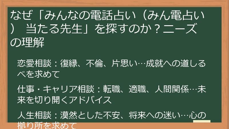 なぜ「みんなの電話占い（みん電占い） 当たる先生」を探すのか？ニーズの理解