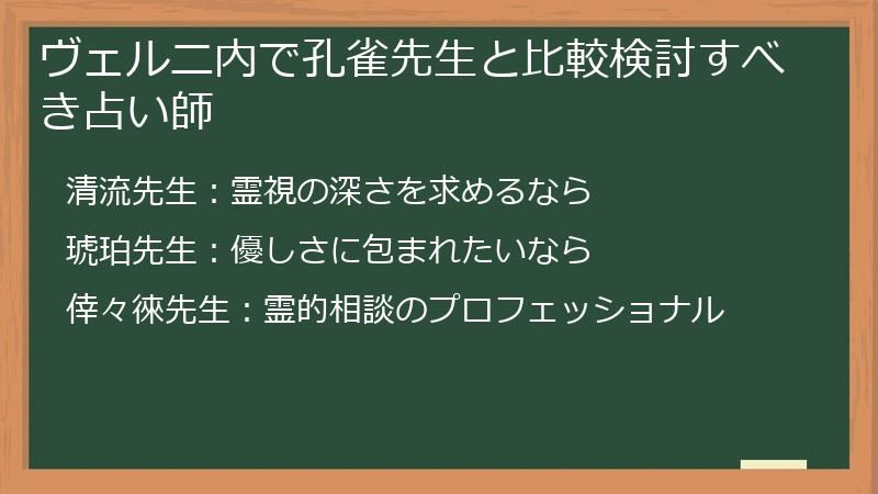 ヴェルニ内で孔雀先生と比較検討すべき占い師