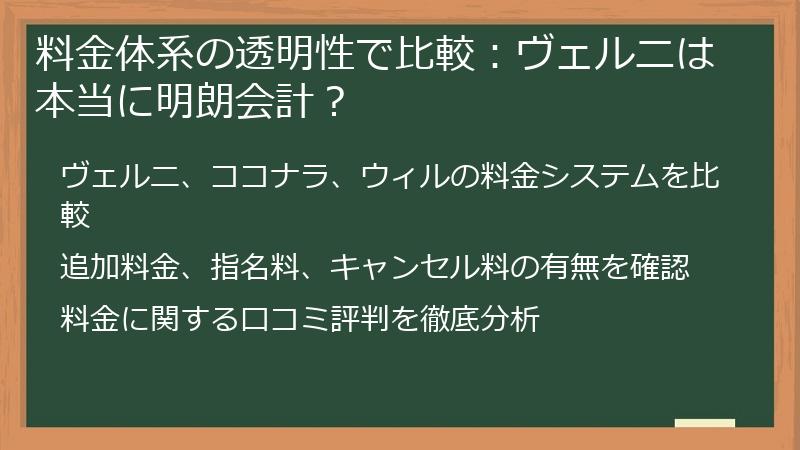 料金体系の透明性で比較：ヴェルニは本当に明朗会計？