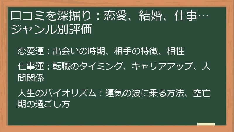 口コミを深掘り：恋愛、結婚、仕事…ジャンル別評価