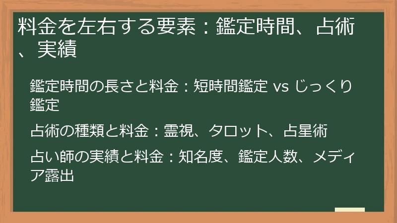 料金を左右する要素：鑑定時間、占術、実績