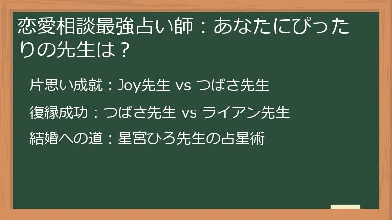 恋愛相談最強占い師：あなたにぴったりの先生は？