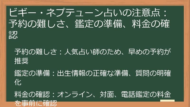 ビギー・ネプテューン占いの注意点：予約の難しさ、鑑定の準備、料金の確認
