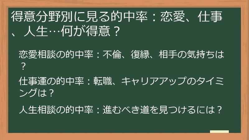 得意分野別に見る的中率：恋愛、仕事、人生…何が得意？