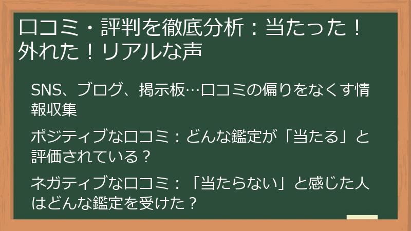 口コミ・評判を徹底分析：当たった！外れた！リアルな声