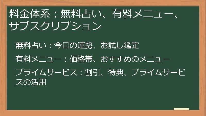 料金体系：無料占い、有料メニュー、サブスクリプション