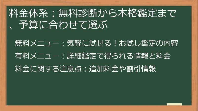 料金体系：無料診断から本格鑑定まで、予算に合わせて選ぶ
