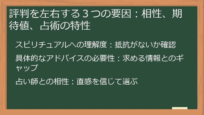 評判を左右する３つの要因：相性、期待値、占術の特性