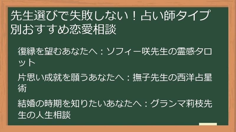 先生選びで失敗しない！占い師タイプ別おすすめ恋愛相談