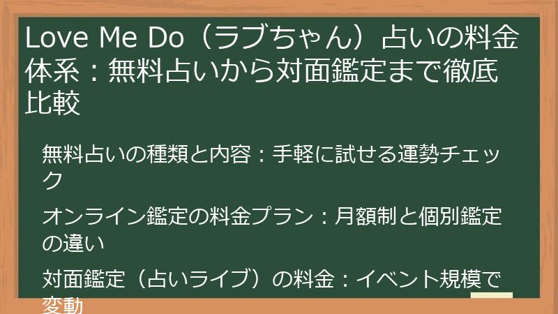 Love Me Do（ラブちゃん）占いの料金体系：無料占いから対面鑑定まで徹底比較
