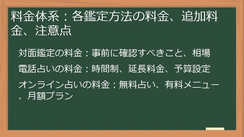 料金体系：各鑑定方法の料金、追加料金、注意点
